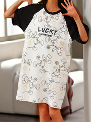 Letter Print NightDress Short Sleeve Crew Neck Pajama Dress
