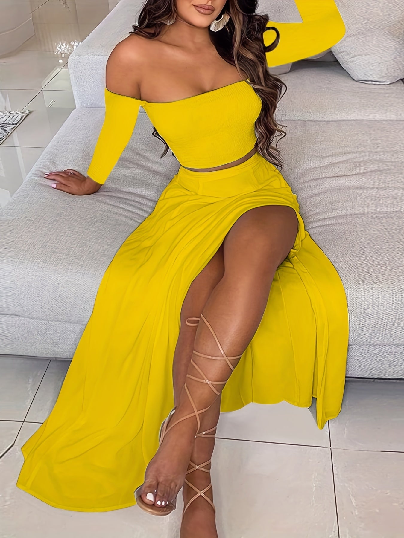 Boho Two piece Skirt Set Off Shoulder Crop Top & Midi Skirt Outfit