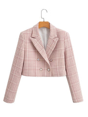 Gingham Crop Blazer V neck Long Sleeve
