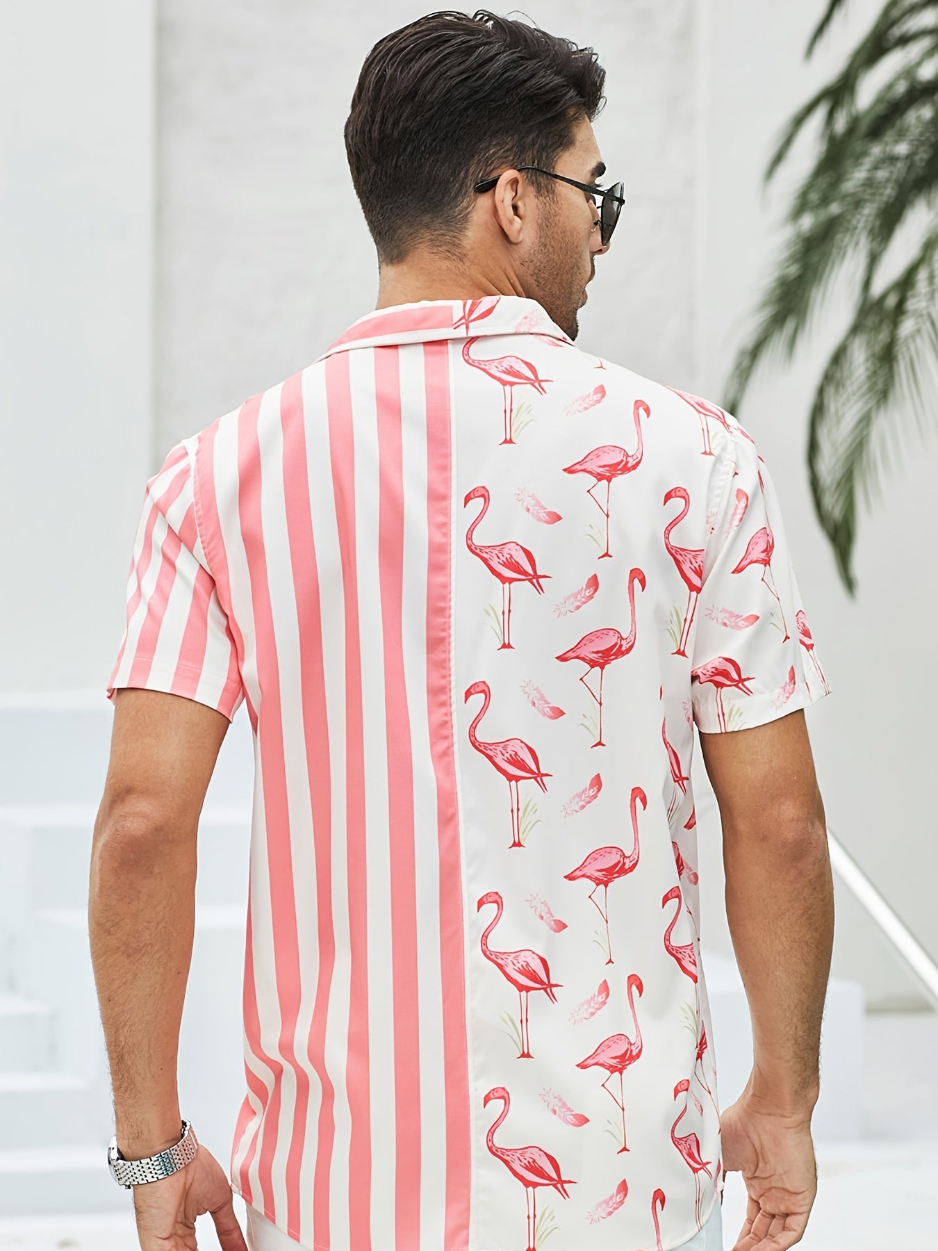 Flamingo Stripe High Stretch Short Sleeve Hawaiian Shirt
