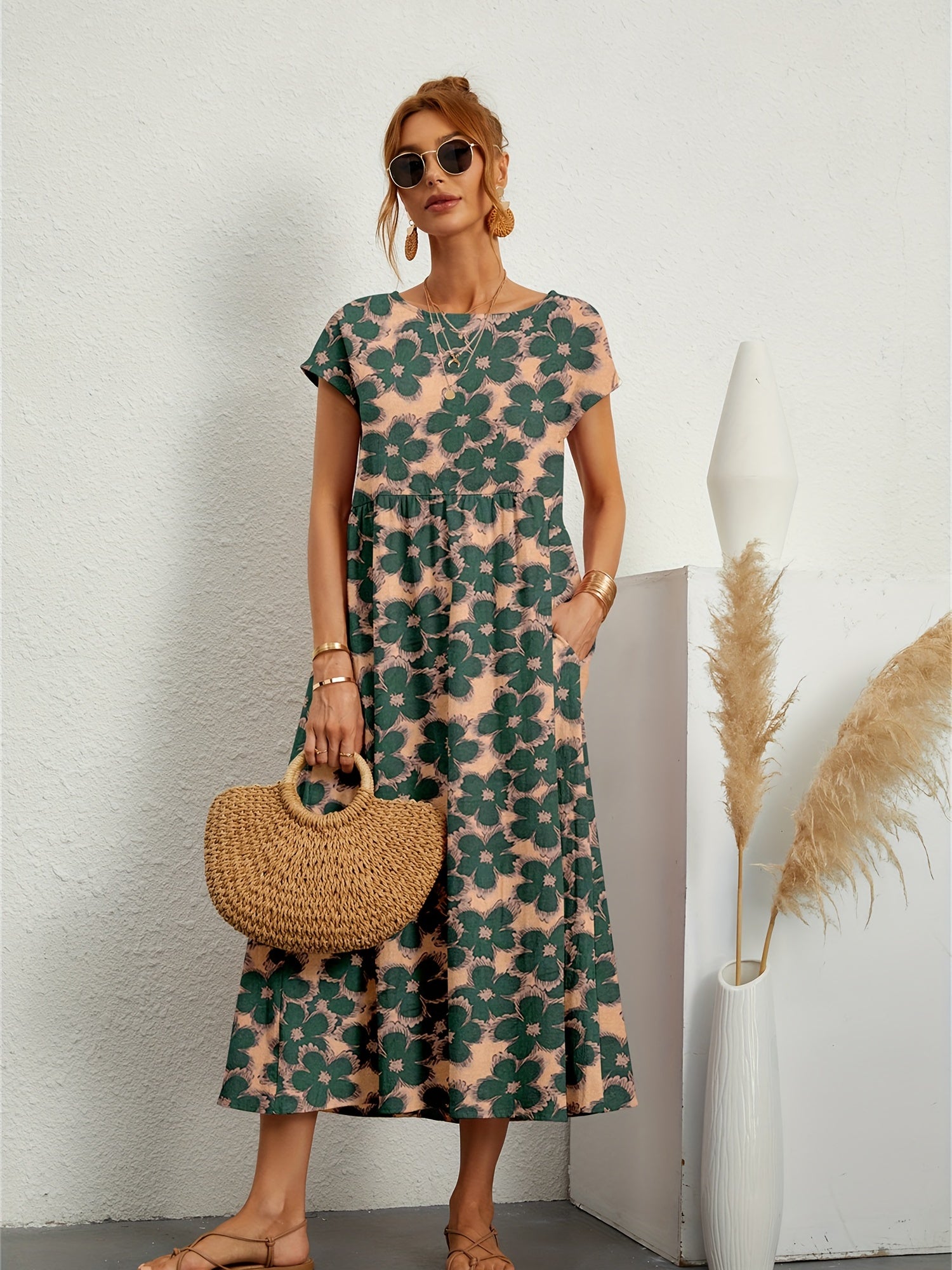 Vintage Floral Print Ruched Dress