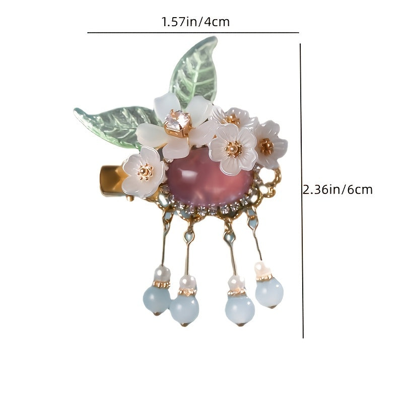 2Pcs Girls Chinese Hanfu Headdress Pearl Beaded Hair Clip Bunny Flower Tassel