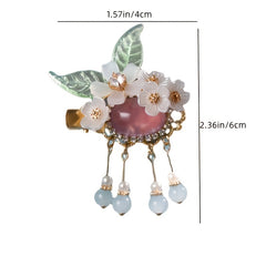 2Pcs Girls Chinese Hanfu Headdress Pearl Beaded Hair Clip Bunny Flower Tassel