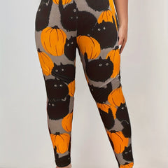 Women's Plus Size Cat & Pumpkin Print High Rise Leggings