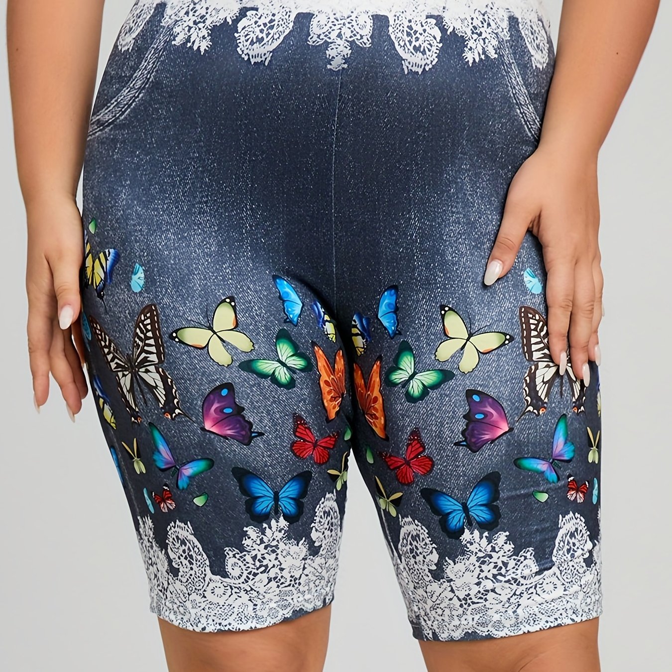 Women's Plus Denim & Butterfly Print High Rise Skinny Shorts
