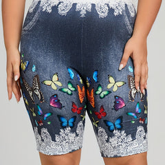 Women's Plus Denim & Butterfly Print High Rise Skinny Shorts