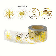 500 pcs 1.5in 3 Round Transparent Golden Christmas Self-adhesive Sticker