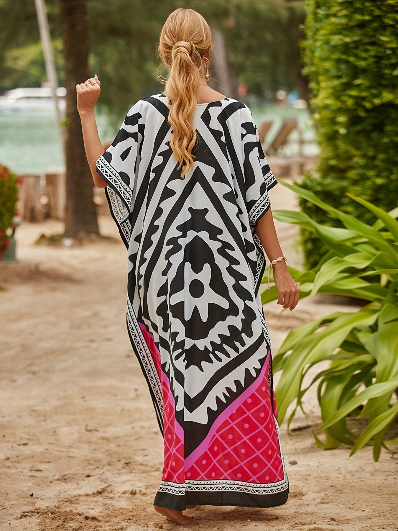 Women's Boho Tribal Print V Neck Cover Up Dress
