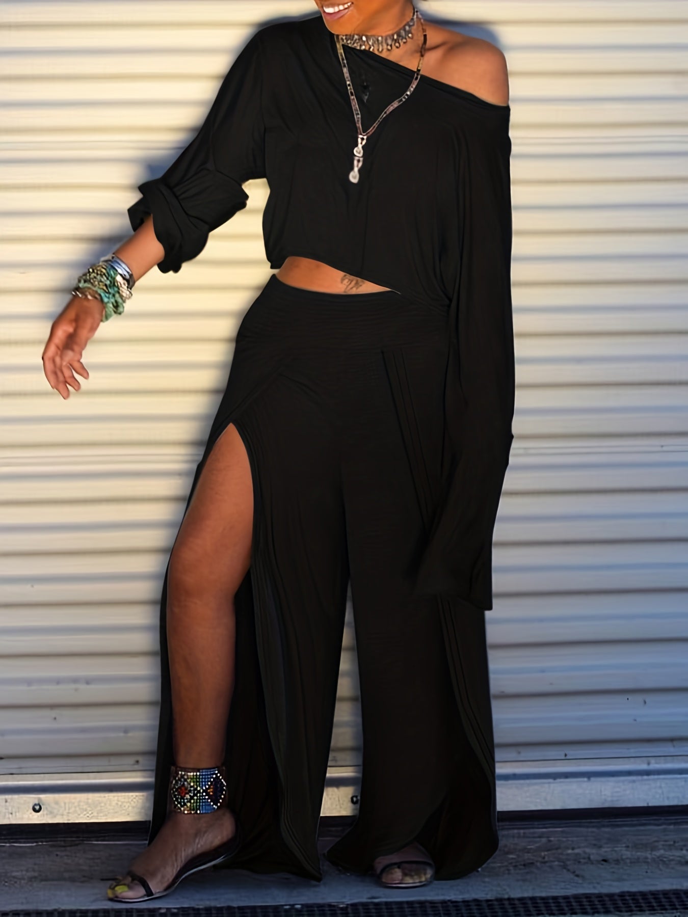 Solid Two piece Set Long Sleeve Crop T shirt & High Split Pants
