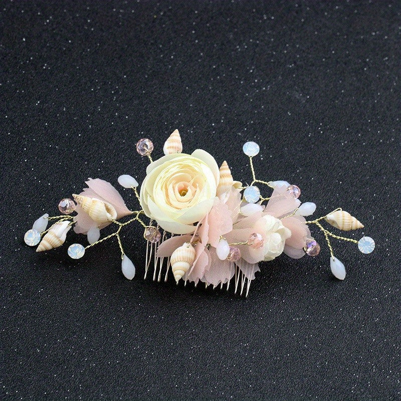 Pink Silk Flower & Shell Hair Comb, Bridal Jewelry