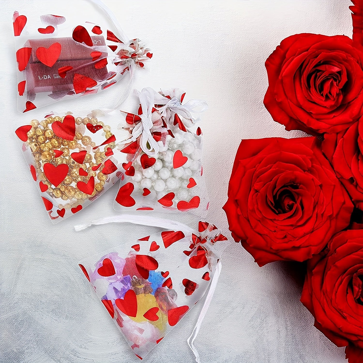 30pcs Red Heart Bags Mesh Drawstring For Christmas Wedding Favor Gift Bag
