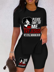 Jesus Print Two piece Set Short Sleeve Casual T Shirt & Shorts