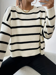 Striped Pattern Crew Neck Knitted Top Long Sleeve Pullover Sweater