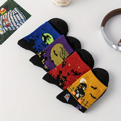 4 Pairs Halloween Print Socks Comfy & Breathable Mid Tube Women's Stockings