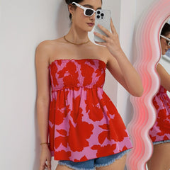 Flower Print Tube Top Strapless Summer Casual Shirt