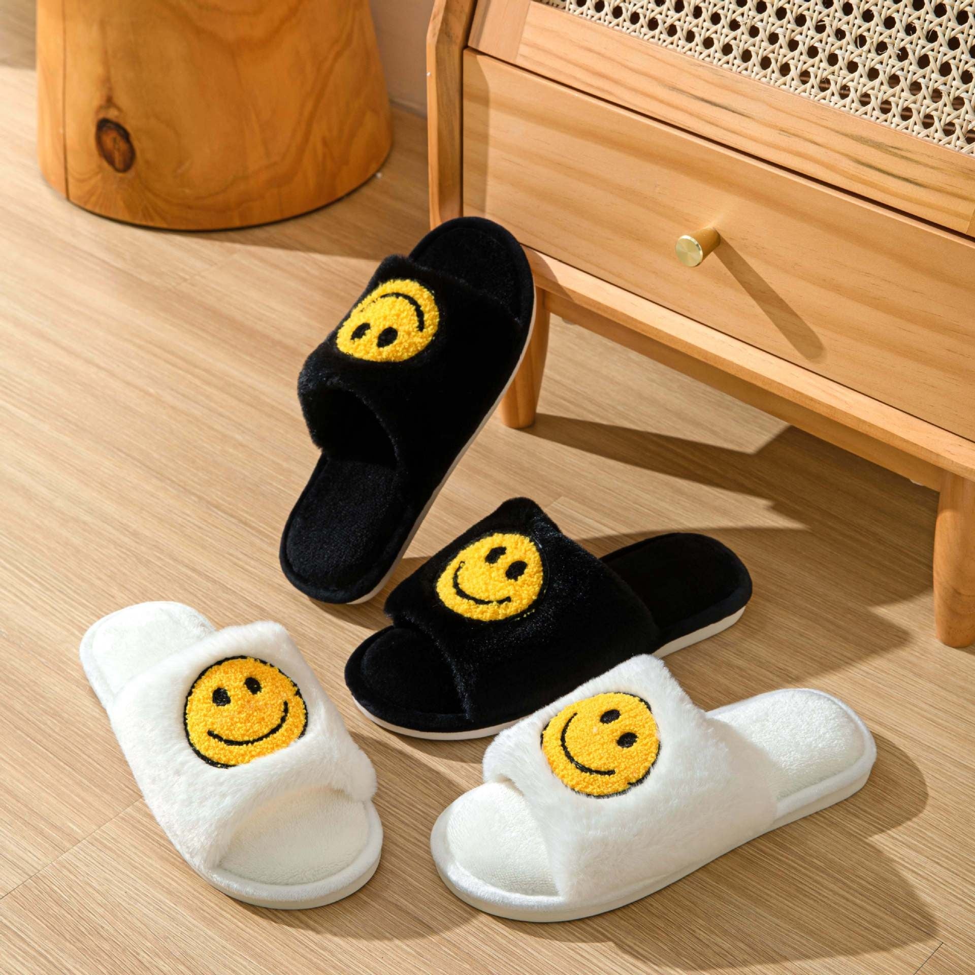 Smile Face Plush Slippers Open Toe Cozy Slip On Flat Fuzzy Shoes