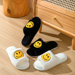 Smile Face Plush Slippers Open Toe Cozy Slip On Flat Fuzzy Shoes