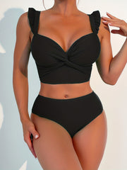 Ruffle Trim Straps Tankini Swimsuit High Stretch V Neck Beachwear