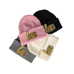 LOVE Sequin Decor Beanie Couple Knit Hat Lightweight Warm Skull Cap