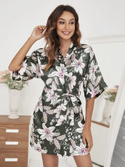 Floral Print Short Sleeve Satin Robe