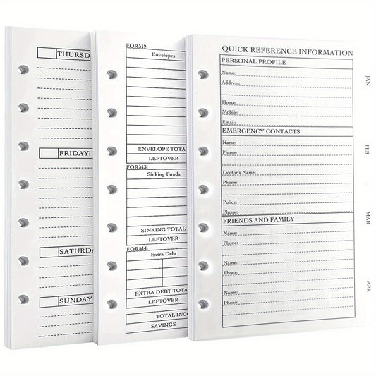 Personal Size 7Hole Punched Budget System Refill Weekly & Monthly Planner