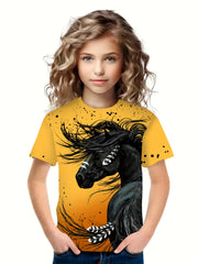 Girls Boys Horse Print Short Sleeve T-Shirt Summer Sports