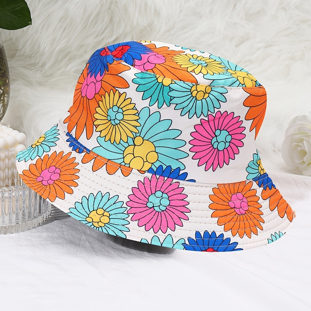 Unisex Floral Print Sunshade Bucket Hat Double Sided Sun Hat