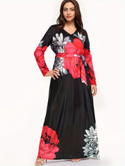 Casual Floral Print V Neck Maxi Dress With Belt