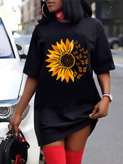 Casual Dress Women's Plus Sunflower & Butterfly Print Short Sleeve