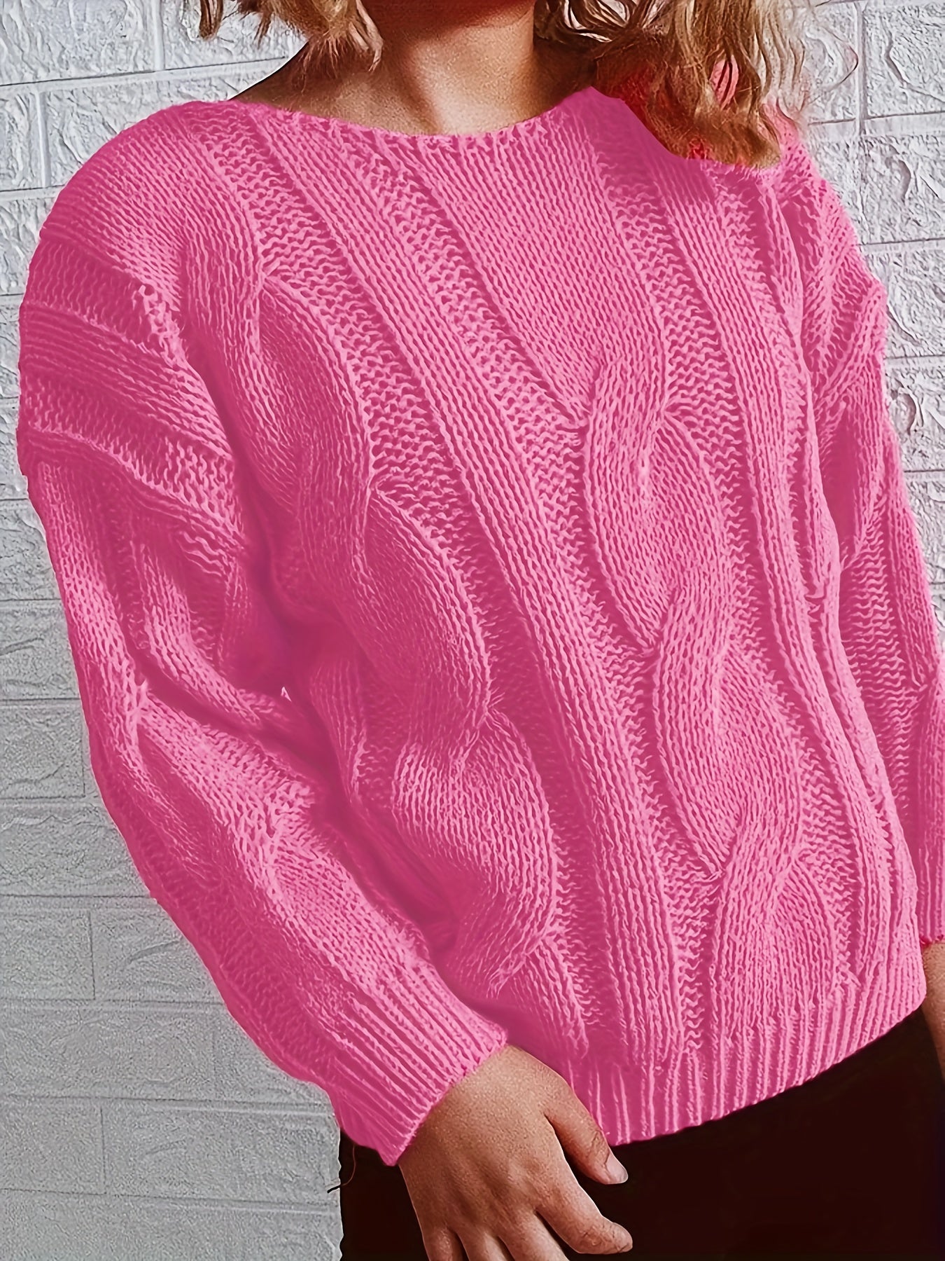 Casual Sweater Women's Plus Solid Cable Long Sleeve Round Neck Jumper