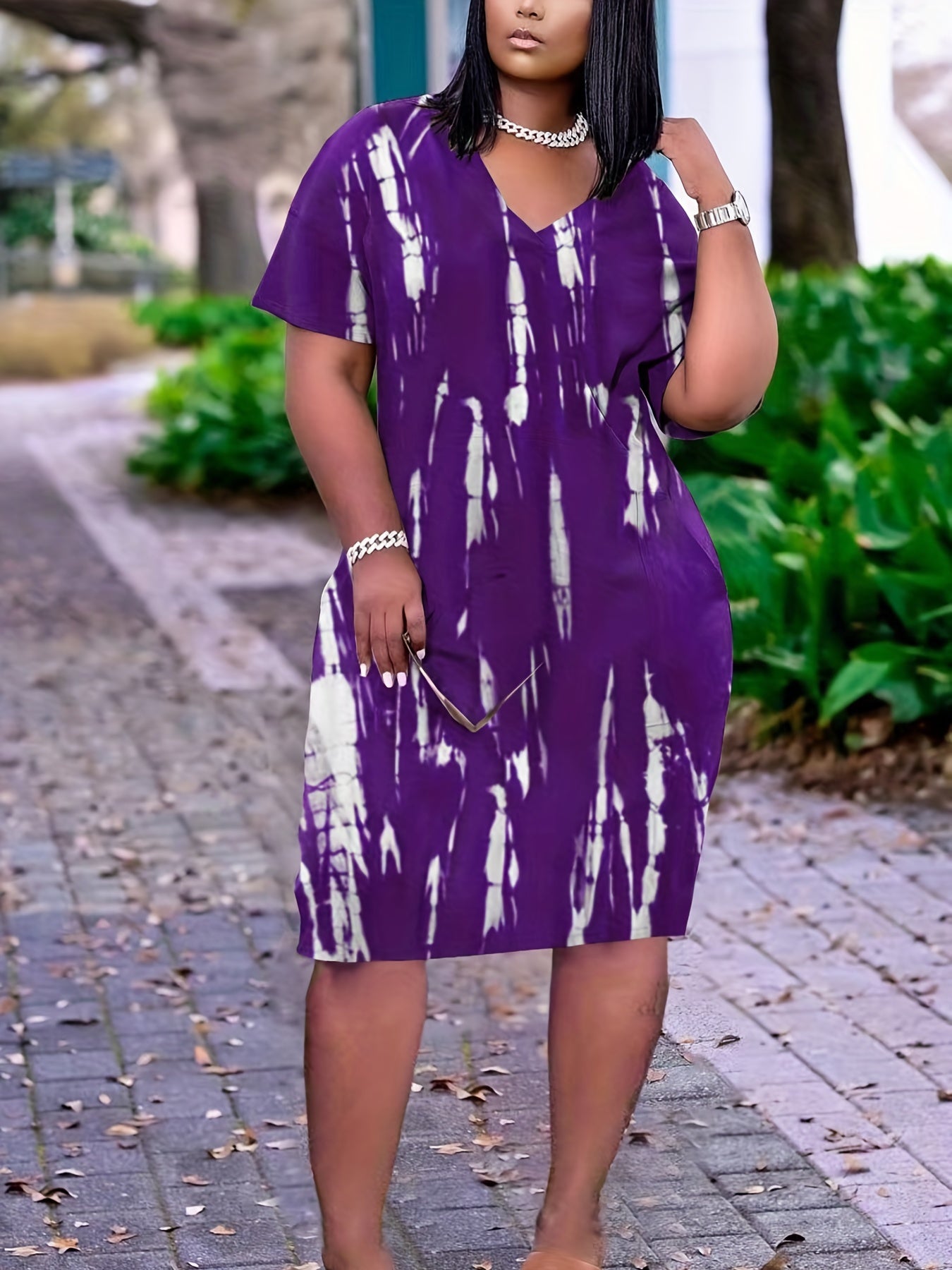Tie Dye V Neck Dress With Pockets