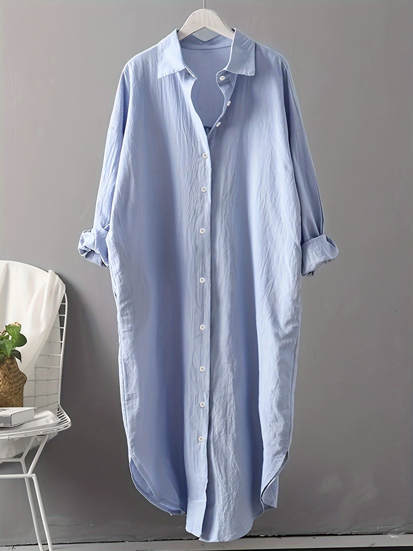 Solid Button Up Long Sleeve Shirt Dress