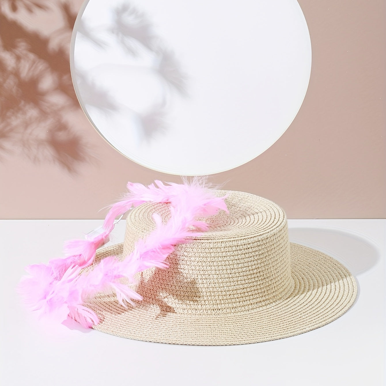 Luminous Feather Wreath Sun Hat Easter Beige Straw Hat Fedora C
