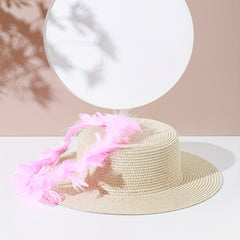 Luminous Feather Wreath Sun Hat Easter Beige Straw Hat Fedora C