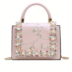 Floral Embroidery Handbags Faux Pearl Decor Crossbody Bag Sweet Purses