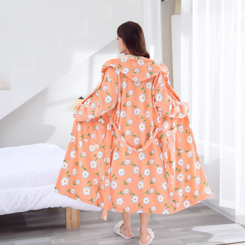 Flower Printed Long Sleeve Bathrobe with Hood for Women