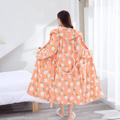Flower Printed Long Sleeve Bathrobe with Hood for Women