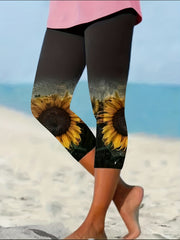 Sunflower Print Skinny Capris Leggings Casual Stretchy Cropped Leggings
