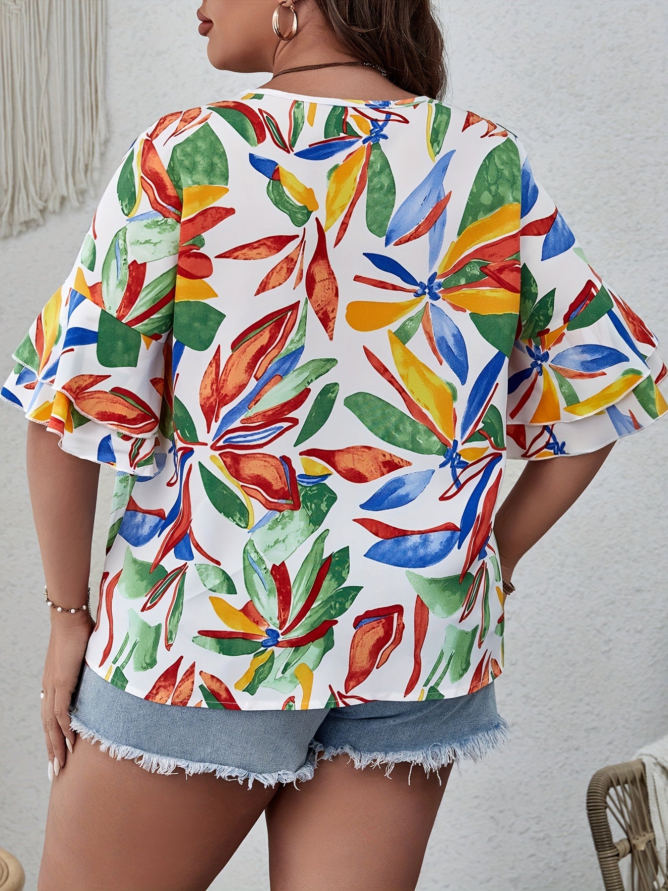 Vacay Blouse Women's Plus Leaf Print V Neck Beachwear Blouse