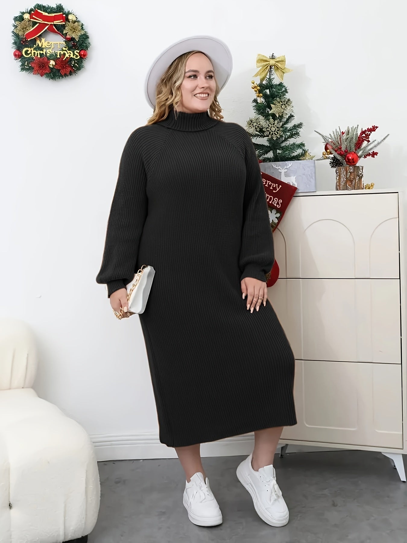 Turtleneck Lantern Sleeve Maxi Sweater Dress