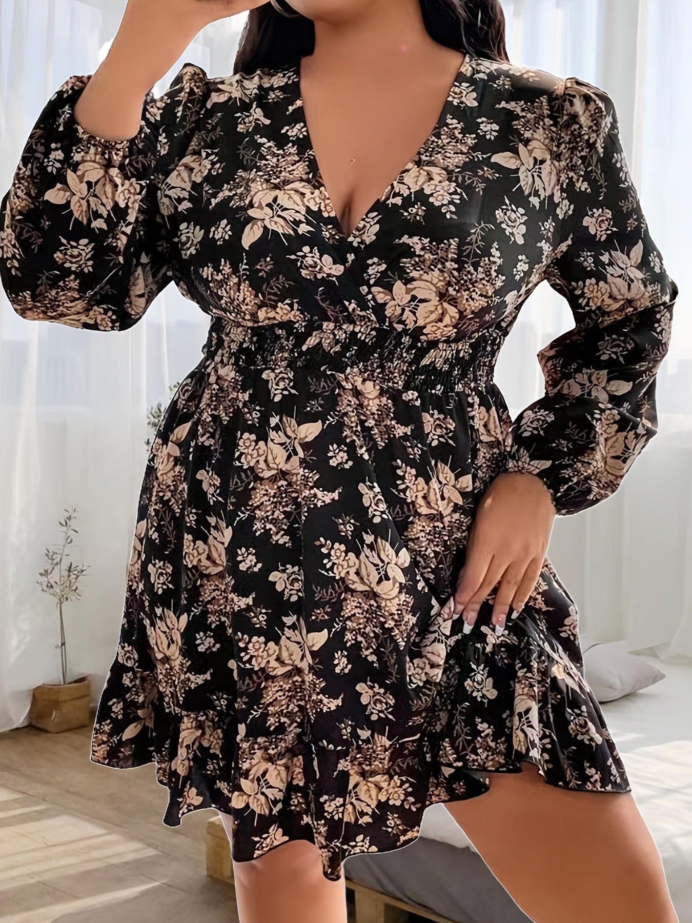 Floral Print Lantern Sleeve Plus Size Dress