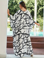 Graffiti Print Batwing Sleeve Maxi Beach Kaftan Dress