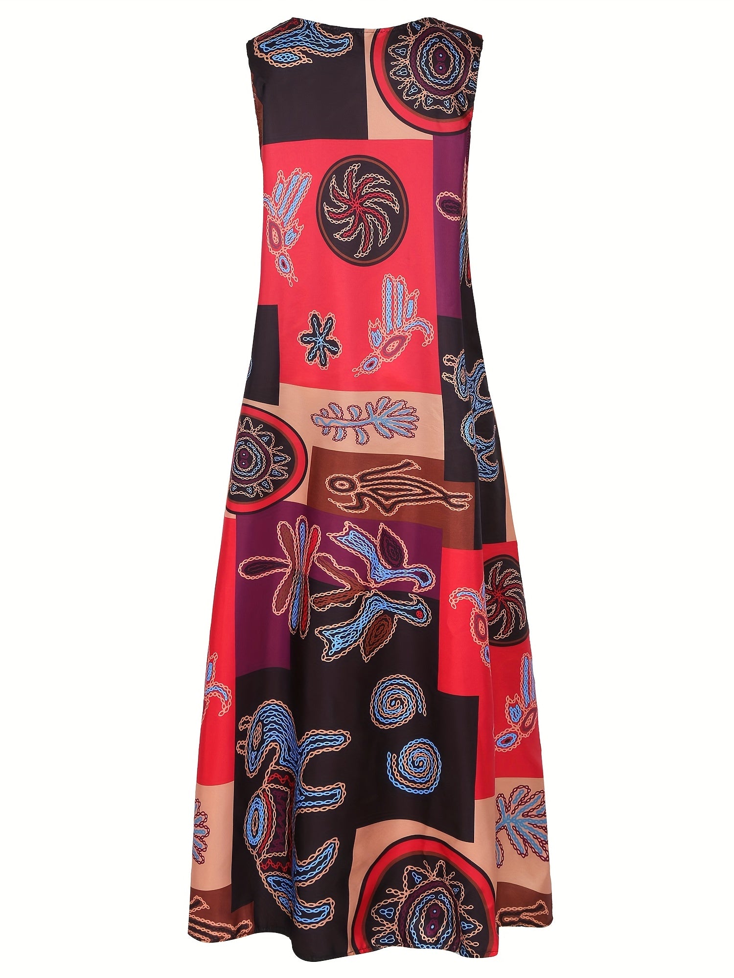 Vintage Ethnic Print Maxi Dress Sleeveless V Neck Summer Dress
