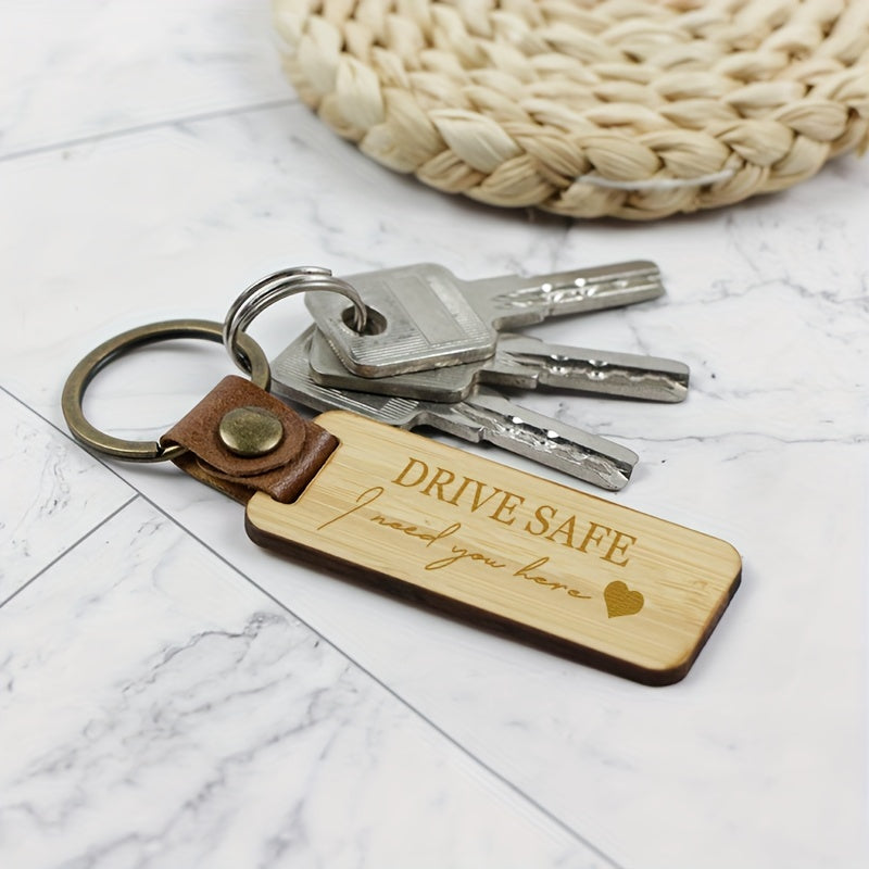 Bamboo Keychain PU Leather Keyring Pendant Family Gift