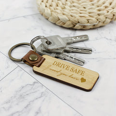 Bamboo Keychain PU Leather Keyring Pendant Family Gift