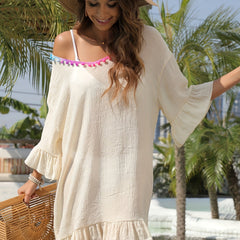 Colorful Pom Pom Trim Ruffle Scoop Neck Cover Up Dress