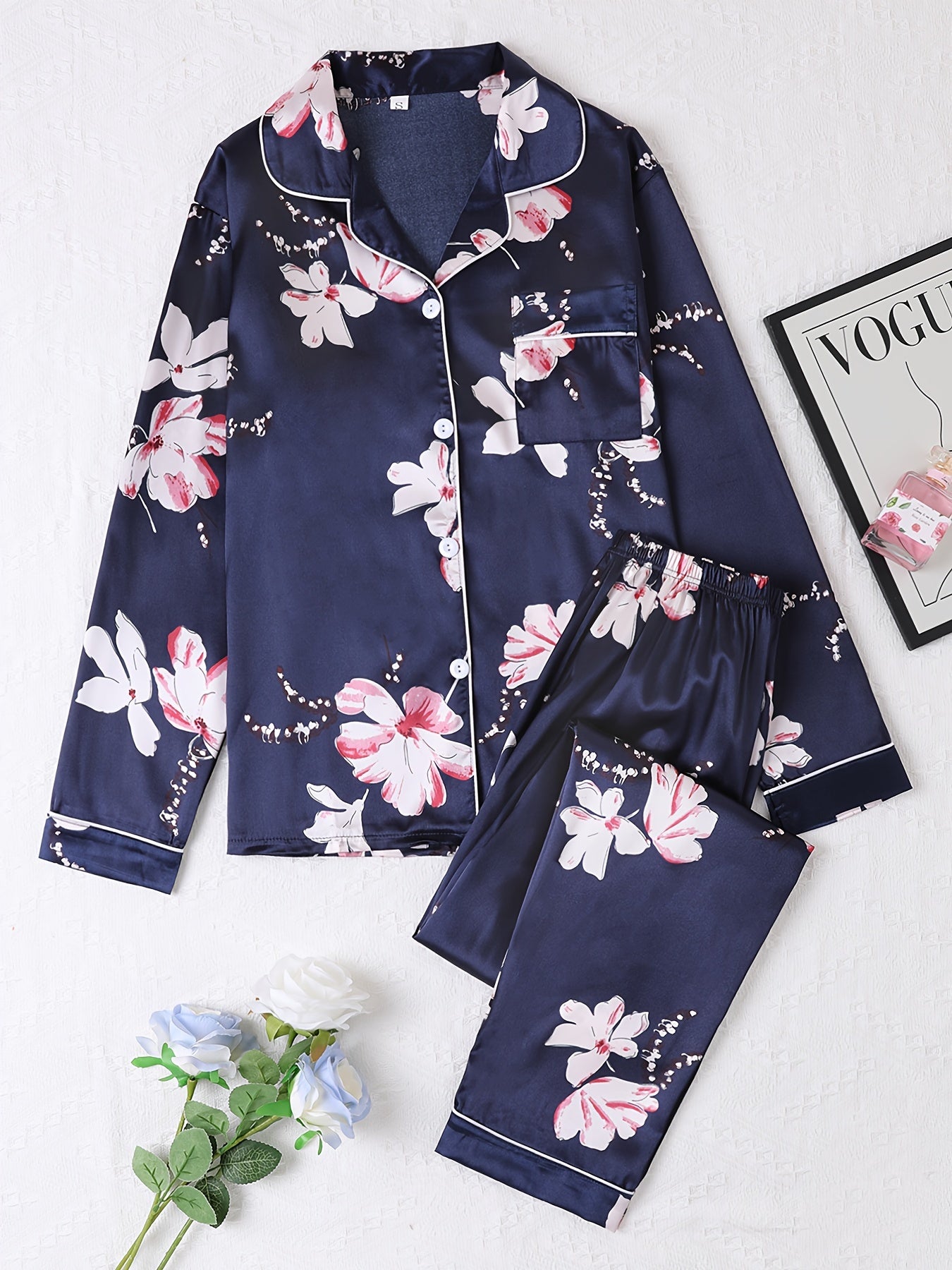 Floral Print Pajama Set Long Sleeve Lapel Buttons Top & Elastic Waistband Pants