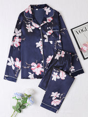 Floral Print Pajama Set Long Sleeve Lapel Buttons Top & Elastic Waistband Pants