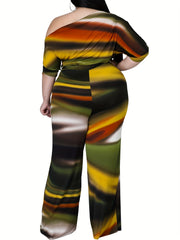 Casual Jumpsuit Print One Shoulder Long Sleeve Wide Leg