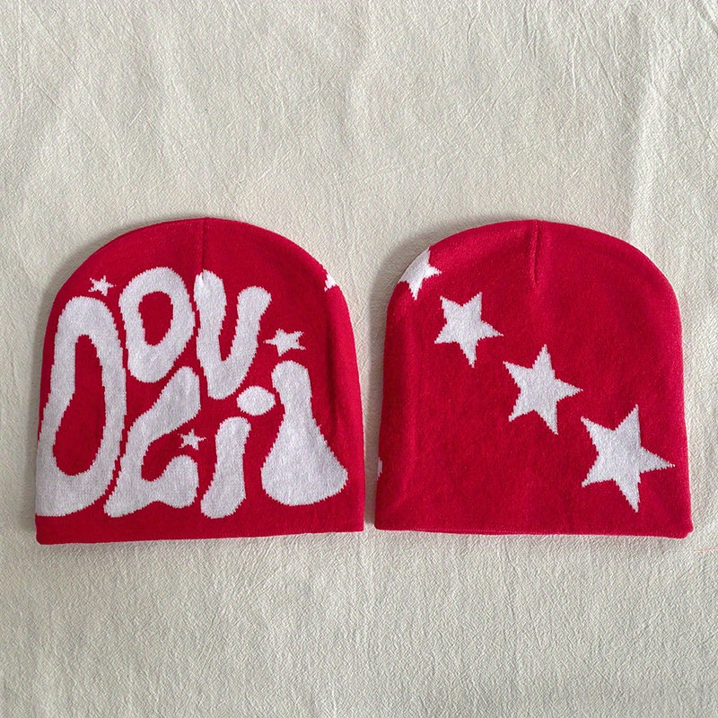 Y2K Unisex Knit Beanie Cap Solid Letter Star Jacquard Skull Hat H